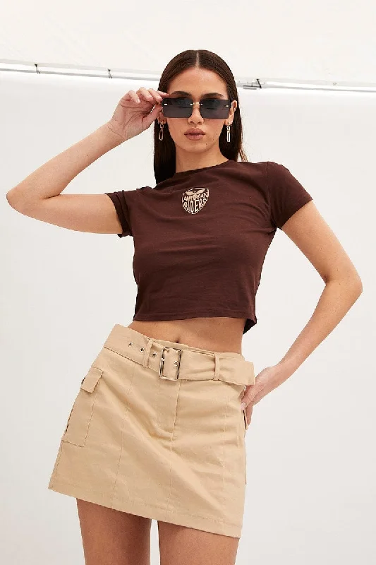 Buy One, Get One Free!Brown Baby Tee Crew Short Sleeve Graphic Crop