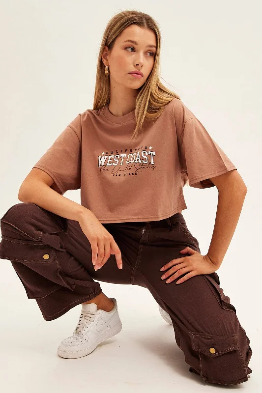 Get It Before It’s Gone!Brown San Diego Crew Short Sleeve Graphic Crop T-Shirt