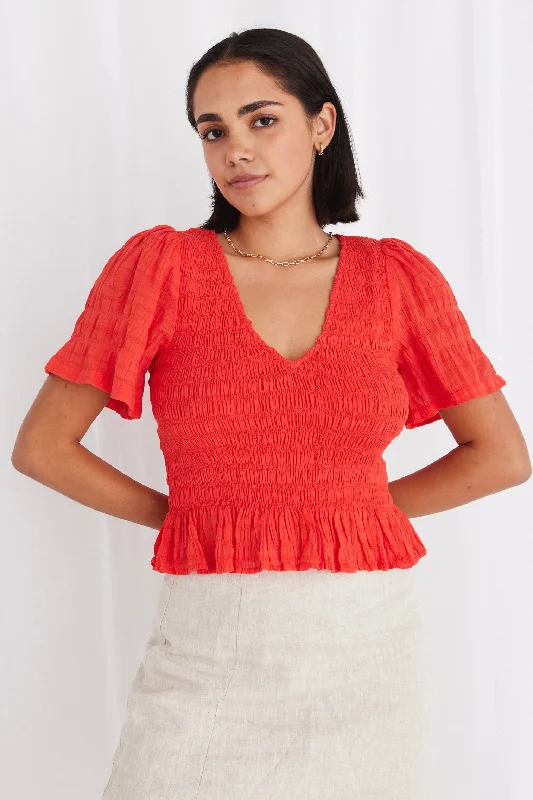 Huge Price Cuts Await!Dream Sunset Shirred Cotton V Neck SS Shirred Top