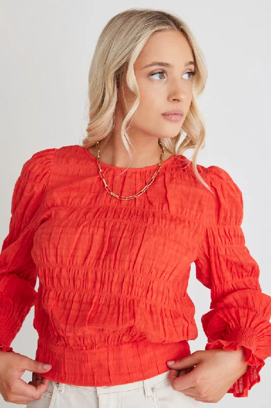 Your Chance to Save is Now!Grace Blood Orange Shirred Cotton Tie Back Ls Top