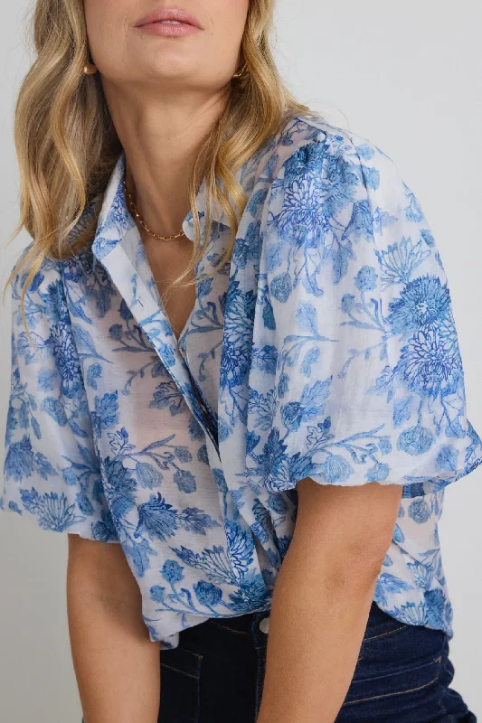 Limited Time Offer!Harmony Blue Floral Bubble Sleeve Shirt