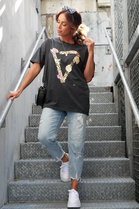 Your Favorite Items on Sale Now!Rebel Club by Shine On Leo Peony Triangle Boyfriend Tee Acid Black