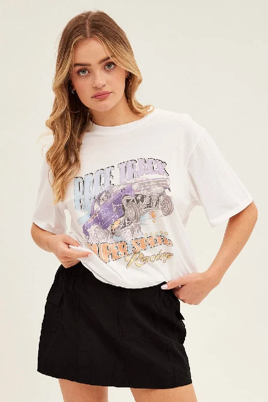 Score Huge Discounts Today!White Graphic Tee Short Sleeve Round Neck Vintage Car