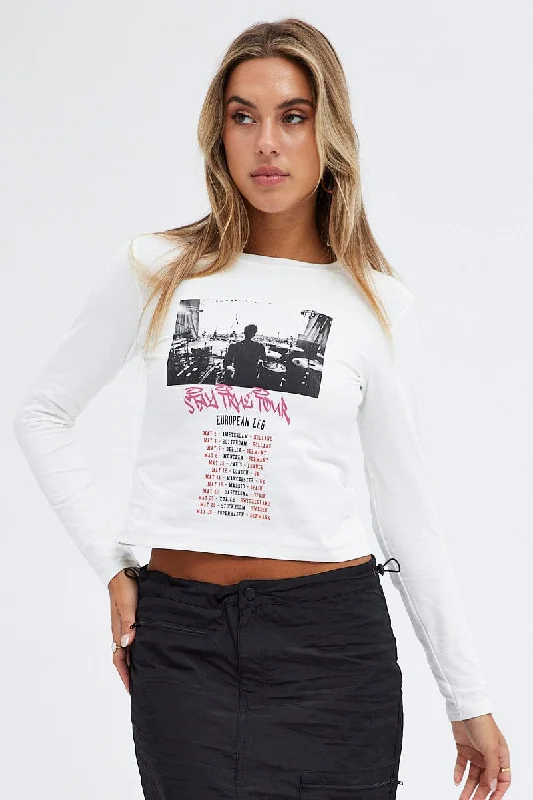 The Sale You’ve Been Waiting For!White Top Long Sleeve Crew Neck Semi-Crop Tour Graphic